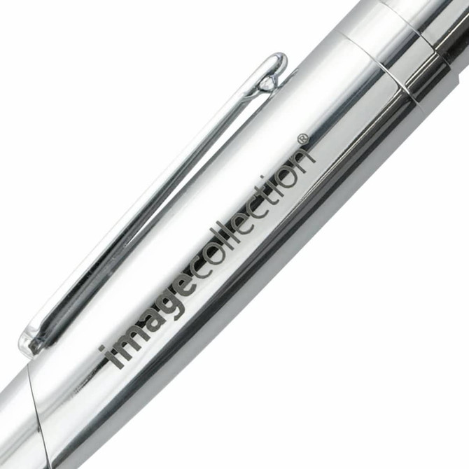 A sleek silver metal pen with a shiny finish and a clip, featuring a branding logo.
