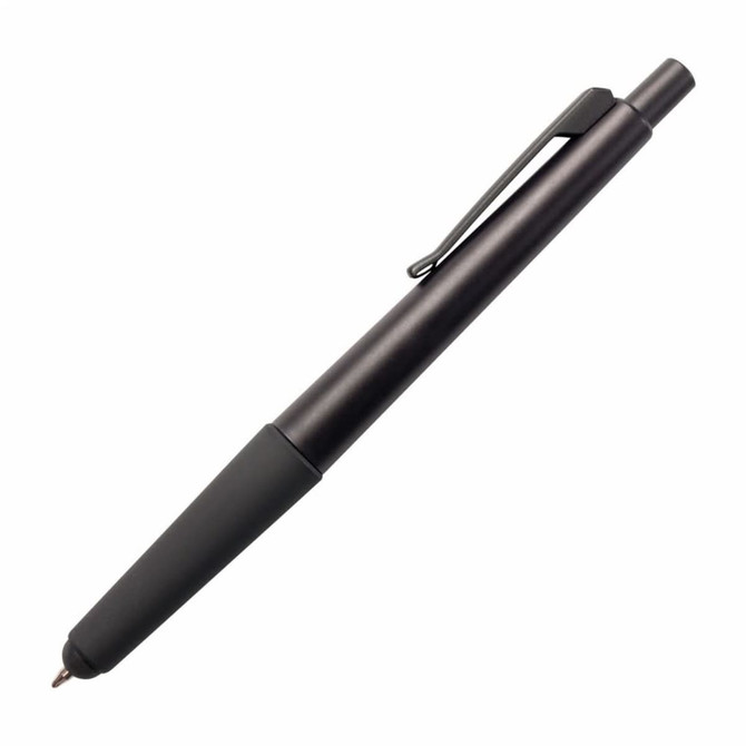 A black 2 in 1 stylus pen with a comfortable grip and a clip for easy attachment. It includes a branding logo.