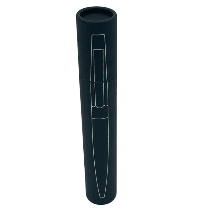 A sleek black metal pen with a matching cylindrical case, featuring a subtle logo design.