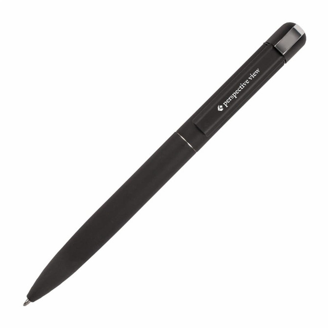 A metal Bullet Pen in black with a sleek design and a logo on the barrel.