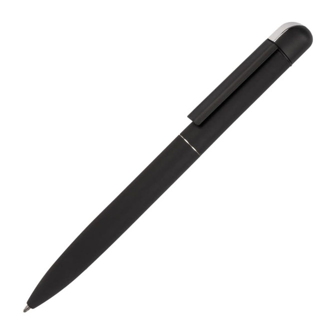 A black metal pen with a sleek design and silver accents. It features a clip and a branding logo.