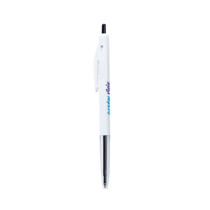 A white plastic pen with a black tip and a branding logo on the barrel.