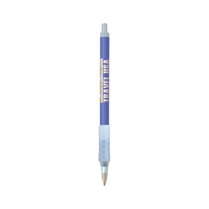 A blue plastic pen with a cushioned grip and a logo. It features a click mechanism for writing.