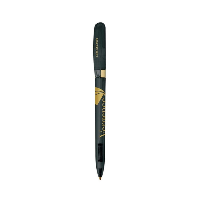 A green metal pen with a gold accents and branding, featuring a smooth design and a clip at the top.