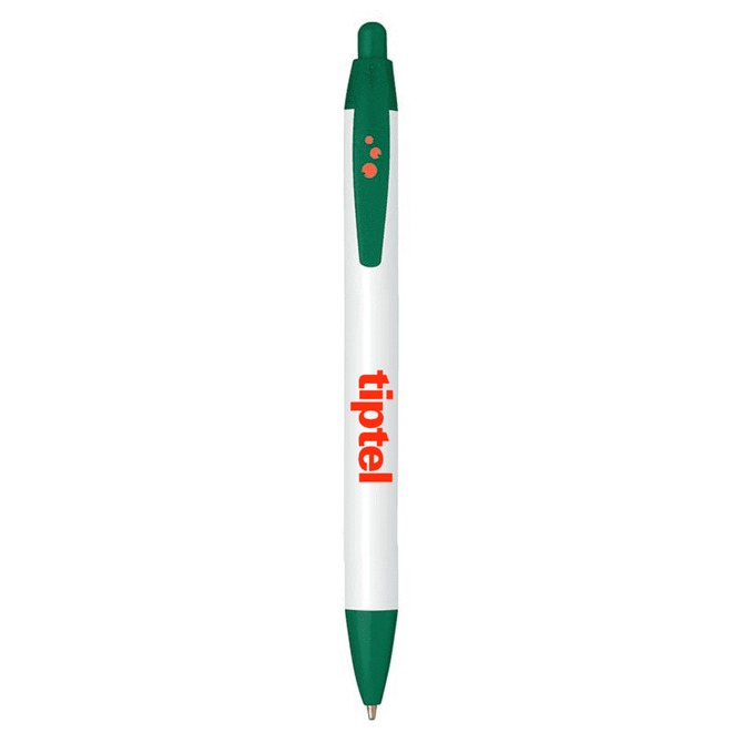 A plastic pen with a white barrel and green accents, featuring a logo on the side.