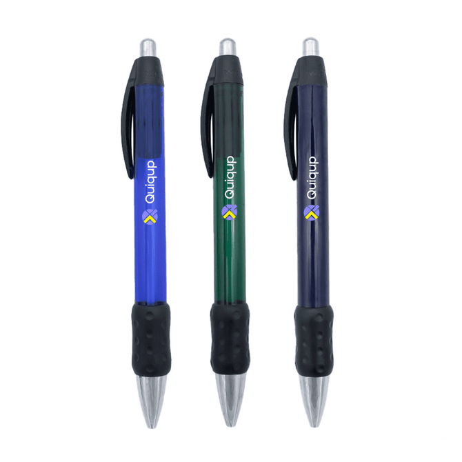 A set of three Widebody Chrome Grip Pens in blue, green, and navy, each featuring a logo.