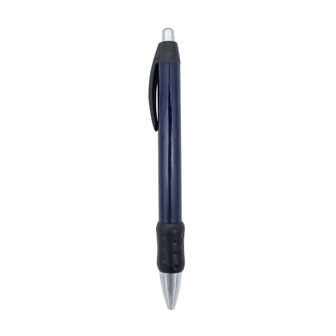 A metal pen with a glossy navy blue barrel, chrome accents, and a textured black grip. It features a clip and branding.