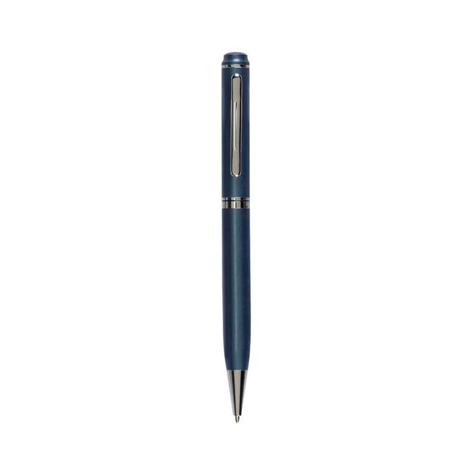 A metal twist pen in navy blue with a silver clip and accents. It features a branded logo.