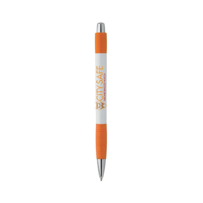 A white pen with orange accents and a textured grip. It features a logo on the barrel.
