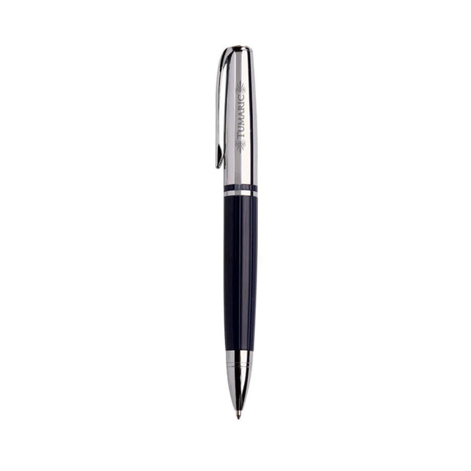 A sleek navy blue stylus pen with chrome accents and a branded logo on its surface.