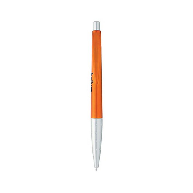 A metallic pen with an orange upper section and a white, textured lower section, featuring a logo.