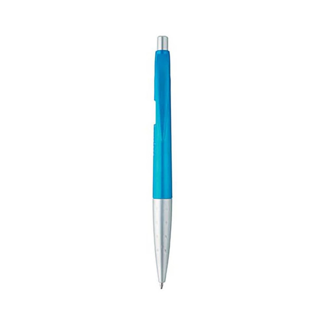 A blue metallic pen with a silver tip and a smooth plastic body, featuring a logo on the barrel.
