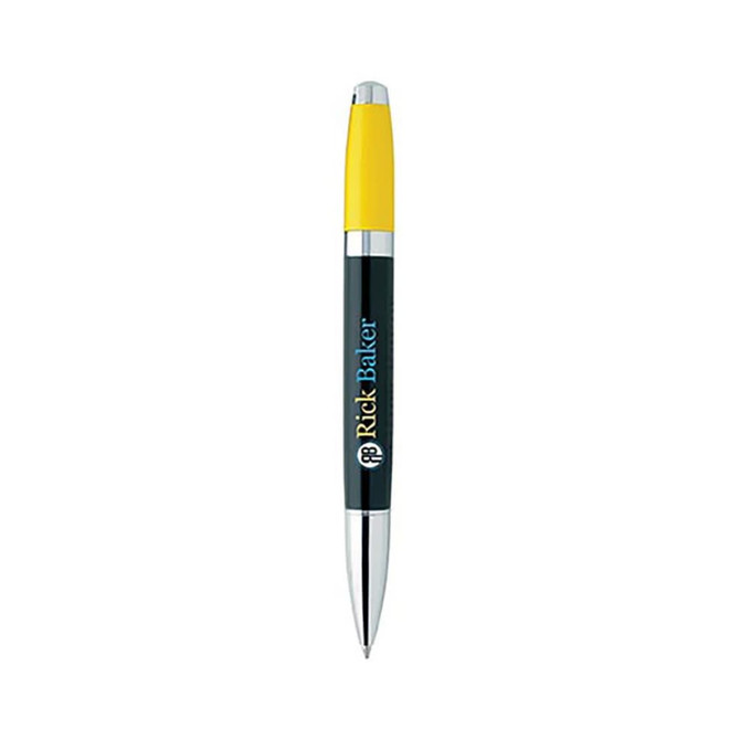 A black pen with a yellow top, featuring a chrome accent and a logo. Suitable for writing.
