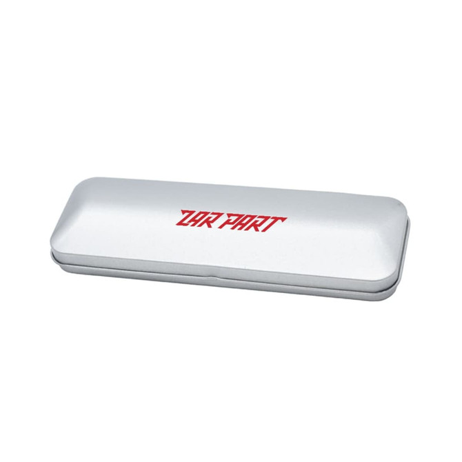 A sleek brushed metal gift box in silver, designed for pen packaging, featuring a logo.