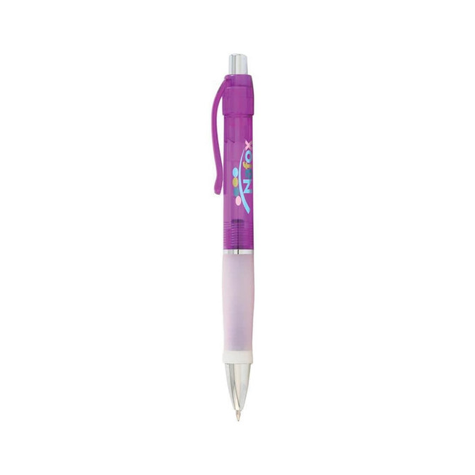 A purple pen with a transparent barrel and a white grip, featuring a logo on the side.