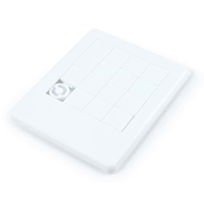 A sliding tile puzzle featuring a white frame with a grid of movable tiles and one empty space for rearranging.