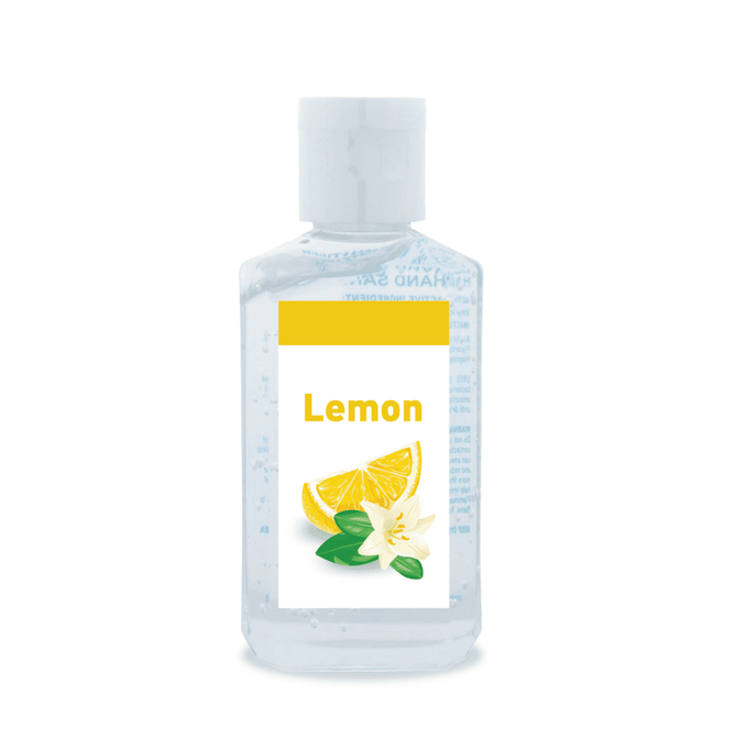 A clear 60ml bottle of hand sanitiser gel with a lemon scent and a label featuring lemon wedges and flowers.