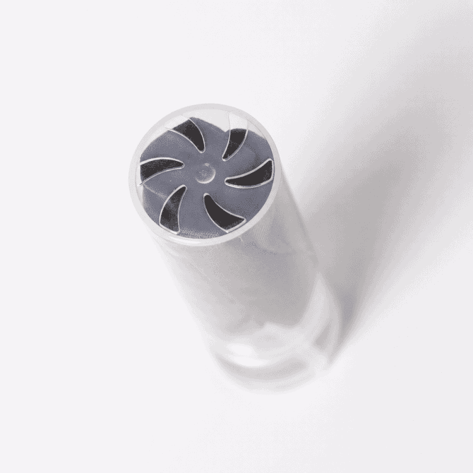 A lens cleaner with a clear casing and grey cleaning tip, designed for cleaning eyeglasses and screens.