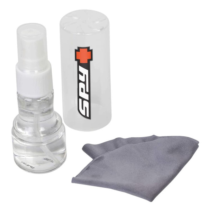 An eye glass cleaner spray bottle with a grey cleaning cloth and a white capped container, featuring a logo.