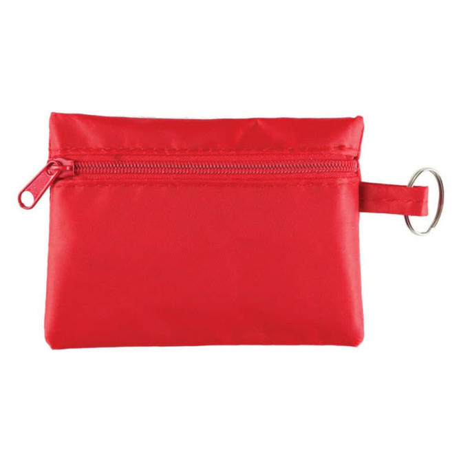 A red pouch with a zip closure and a keyring attachment, designed for a first aid travel kit.