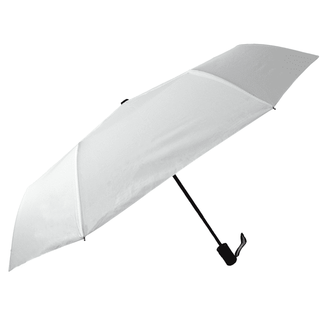 A white umbrella with a black handle features a logo on the canopy.