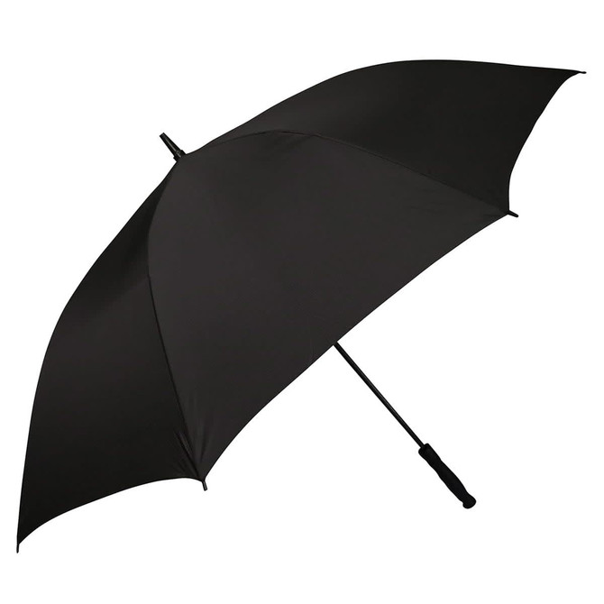 A black umbrella with a curved handle and metal frame, featuring a simple design and a logo on the canopy.