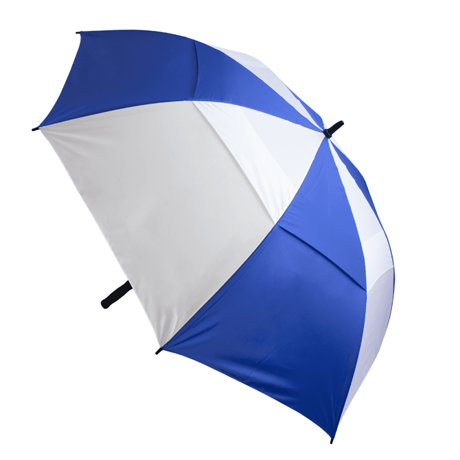 A blue and white umbrella with a black handle, featuring a logo on the canopy.