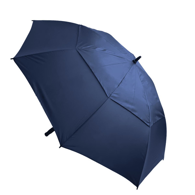 A navy umbrella with a black handle and a simple design, featuring a logo on the fabric.