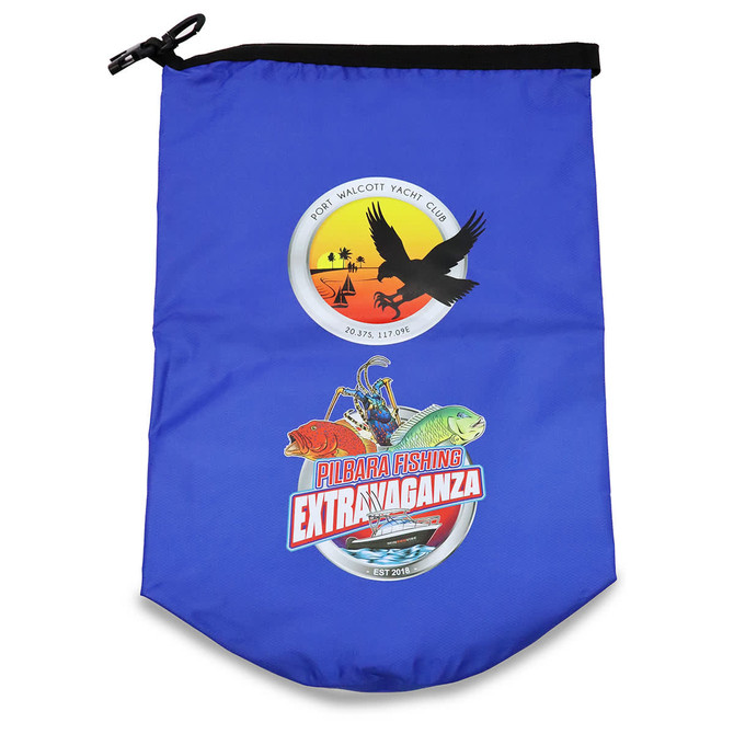 A blue dry bag featuring logos, including a yacht club and a fishing event design.