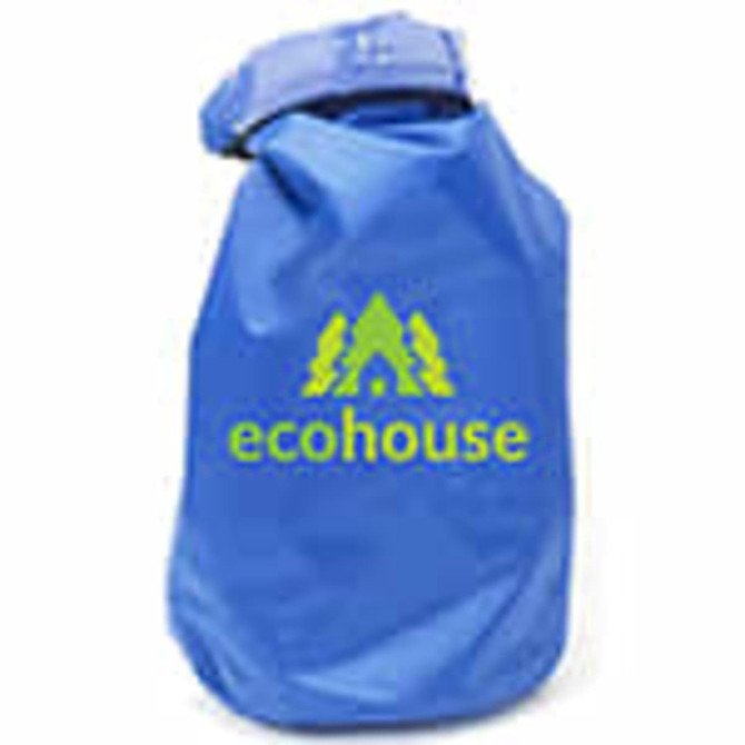 A blue dry bag with a fold-top closure and a logo featuring trees and a house.
