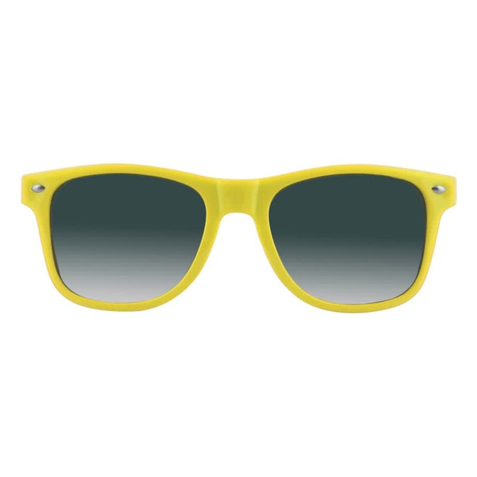 A pair of yellow sunglasses with dark green gradient lenses and a simple design. They feature a logo on the frame.