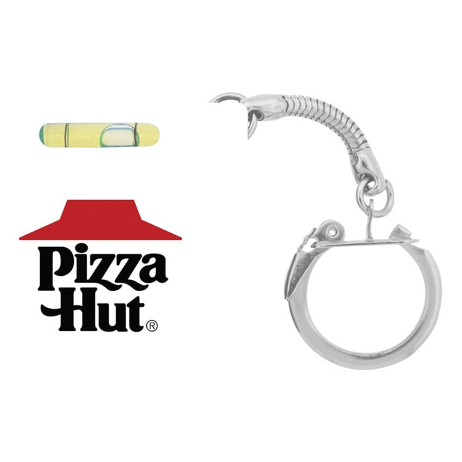 A silver tape measure with a level, attached to a key chain. Features a lobster claw design.