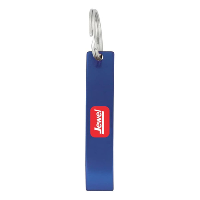 A drink bottle opener in blue metal, featuring a branded logo. It has a keyring attachment.
