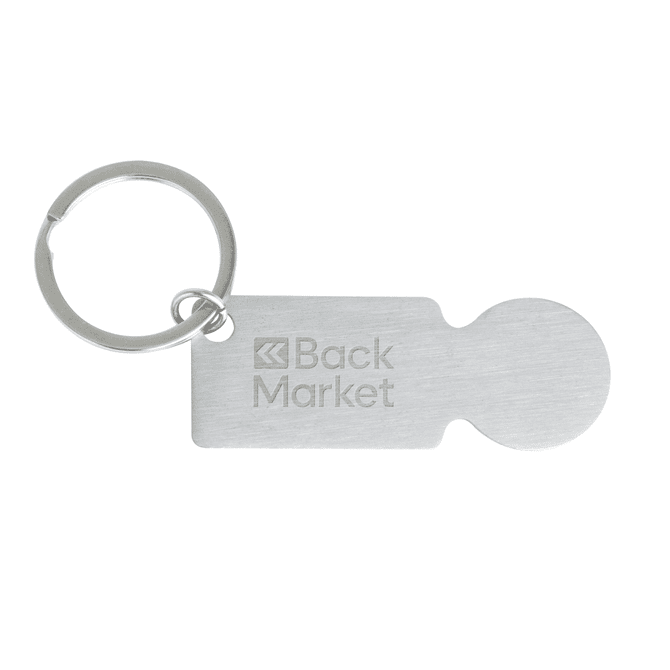 A silver keyring featuring a flat rectangular tag with a rounded end and a circular keyring attachment.