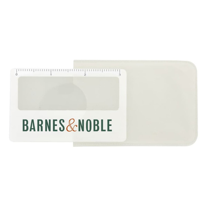A pocket ruler magnifier in white with a transparent sleeve, featuring a logo.