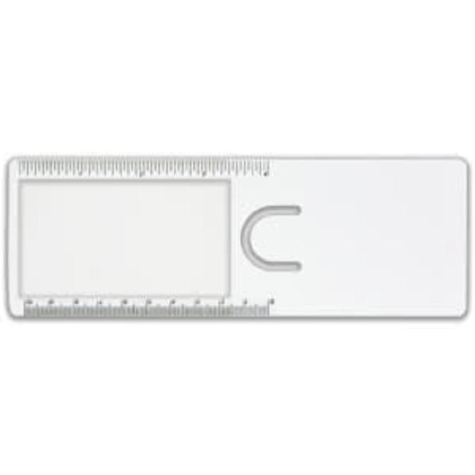 A clear plastic magnifier ruler with a rectangular body and metric measurements. It features a circular cut-out.