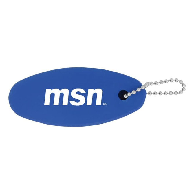A blue floating keychain with a rounded shape and a metal ball chain attachment. It features a logo.
