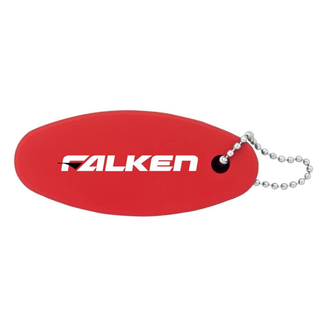 A red floating keychain with a silver ball chain and a logo on one side.