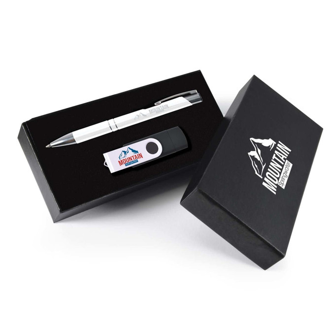 A gift set featuring a silver pen and a black flash drive, presented in a black box with a logo.