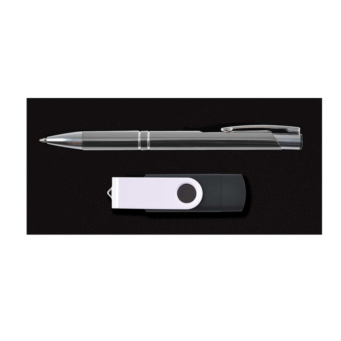 A pen and a USB flash drive arranged on a black background, part of the Cove Gift Set.