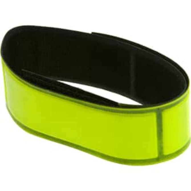 A reflective wristband in bright yellow with a black interior, featuring a logo or branding.