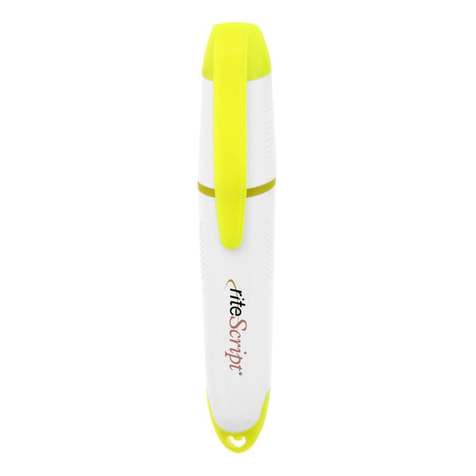 A highlighter in white and bright yellow with a clip and branding on the side.