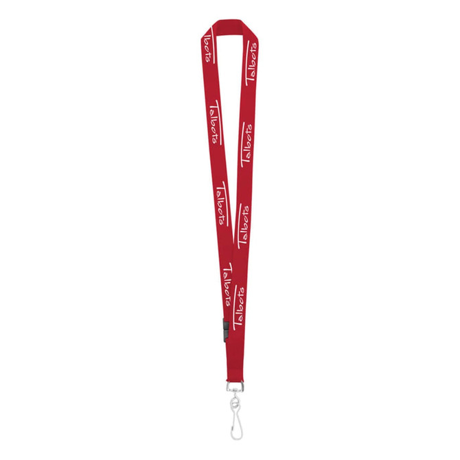 A red custom lanyard featuring repeated logos and a metal clip at the end.