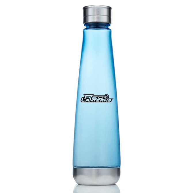 A drink bottle made of clear Tritan material, featuring a sleek blue design and a metallic silver lid.