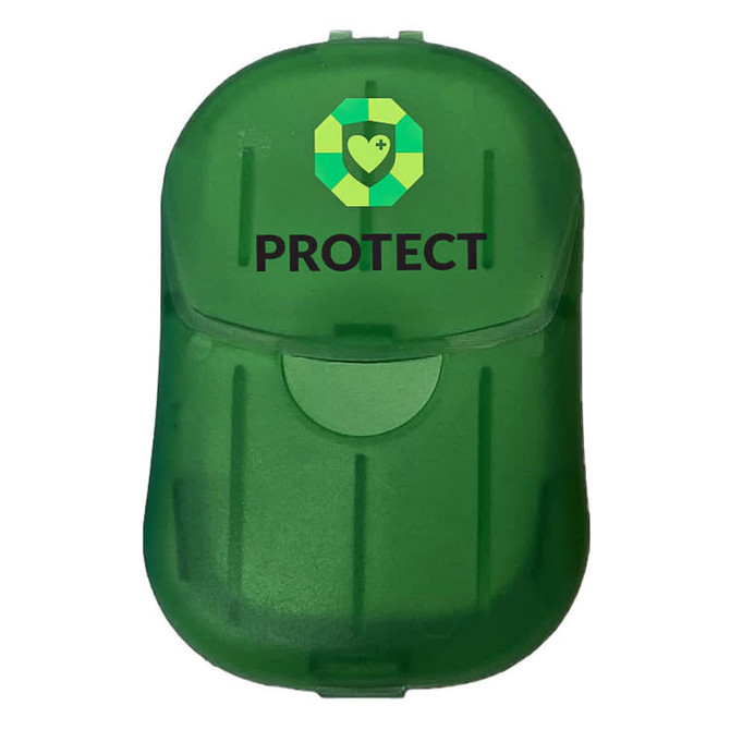 A green protective case with a logo, featuring a secure snap closure.