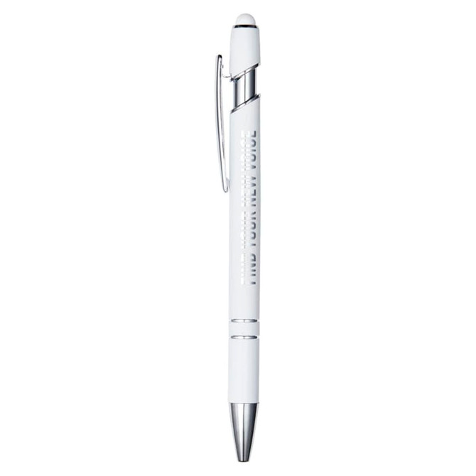 A white metal pen with a silver clip and tip, featuring a logo on its body.