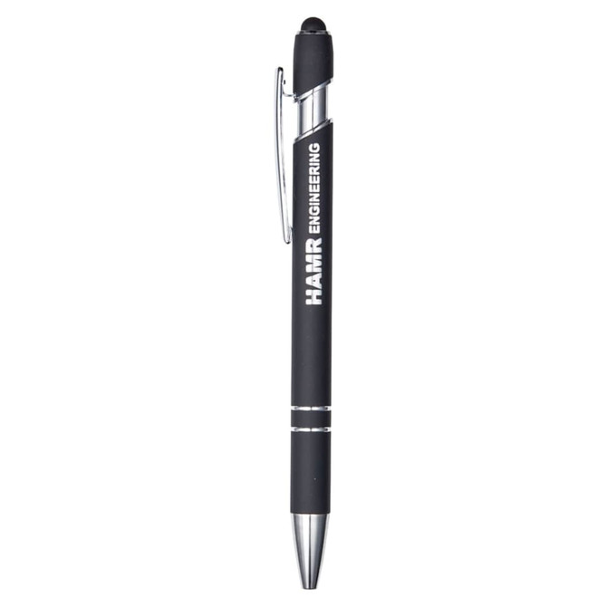 A black metal pen with silver accents and a stylus tip, featuring a logo on the barrel.
