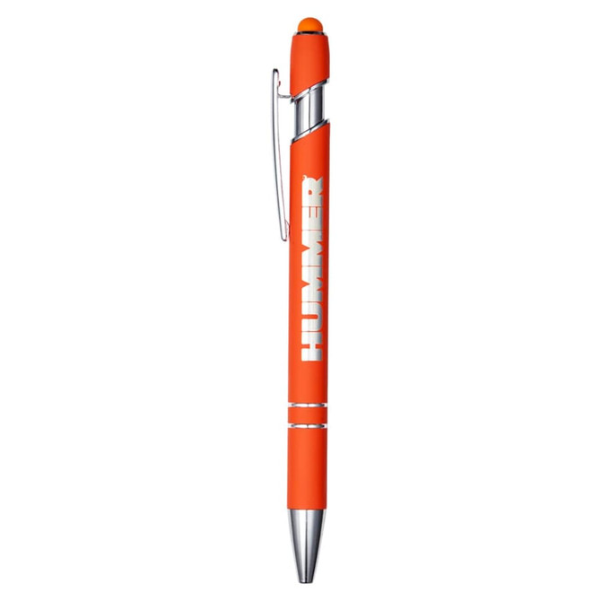 An orange metal pen featuring a silver clip and tip, with a logo on the body.