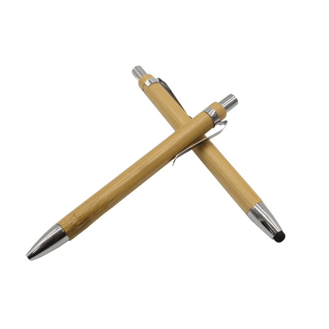 A bamboo pen set featuring two stylus pens with silver accents. One pen has a rubber tip for touch screens.