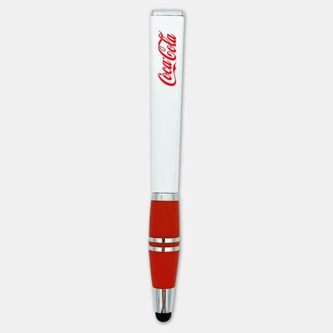 A stylus pen featuring a white barrel with a red grip and a logo.